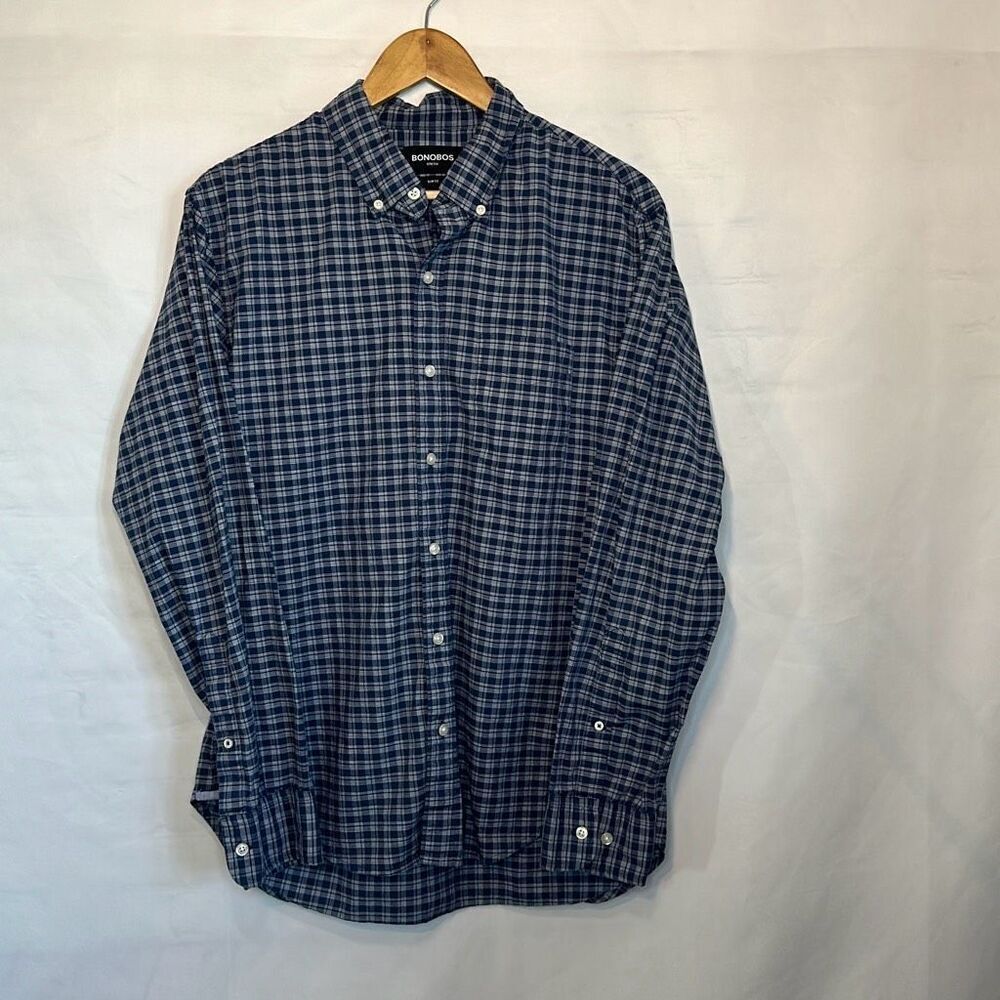 Bonobos Mens blue White Long‎ Sleeve Dress Shirt Slim Fit Stretch size L Large